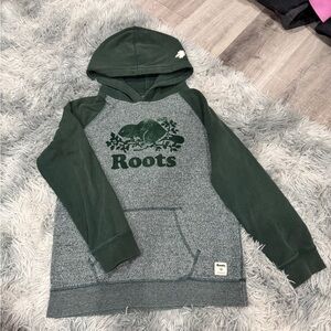 Roots Dark Green and Heather Gray Hoodie with Beaver Graphic